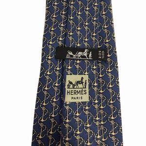 Hermes Mens Tie Nautical Anchors & Ropes Navy/Khaki Silk 3.25" (W) x 54" (L) euc